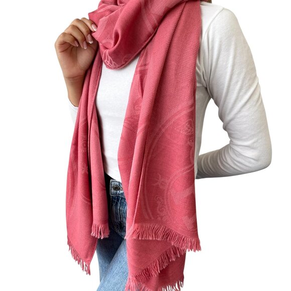 HERMES H Logo New Libris Shawl Scarf Wrap Fringe Pink Cashmere Silk [105760] - Picture 4 of 12
